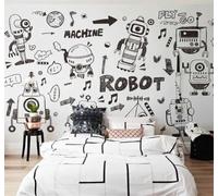 Tzxztt Dibujo A Mano Garabatos Robots Blanco Y Negro Lineal Boceto Papel Pintado 3D Seda Texturizada Primera Calidad Neutros Material Ideal Para SalóN Dormitorio-350cm×256cm
