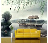 Tzxztt Dibujo A Mano Orilla Del Lago Barca De Madera Arquitectura Clásica Papel Pintado 3D Seda Texturizada Primera Calidad Neutros Material Ideal Para SalóN Dormitorio-350cm×256cm
