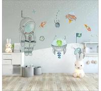 Tzxztt Dibujos Animados Astronauta Dibujado A Mano Nave Espacial Planeta Papel Pintado 3D Seda Texturizada Primera Calidad Neutros Material Ideal Para SalóN Dormitorio-300cm×210cm