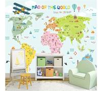 Tzxztt Dibujos Animados Avión Globo Aerostático Colorido Mapa Del Mundo Papel Pintado 3D Seda Texturizada Primera Calidad Neutros Material Ideal Para SalóN Dormitorio-300cm×210cm