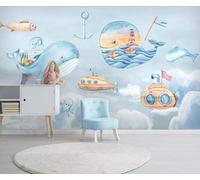 Tzxztt Dibujos Animados Aviones Ballenas Faros Creatividad Moderno Papel Pintado 3D Seda Texturizada Primera Calidad Neutros Material Ideal Para SalóN Dormitorio-430cm×300cm