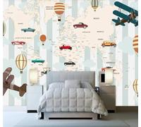 Tzxztt Dibujos Animados Aviones Globos Aerostáticos Coches Mapa Del Mundo Papel Pintado 3D Seda Texturizada Primera Calidad Neutros Material Ideal Para SalóN Dormitorio-300cm×210cm