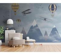 Tzxztt Dibujos Animados Aviones Globos Aerostáticos Montañas Pájaros Volando Moderno Papel Pintado 3D Seda Texturizada Primera Calidad Neutros Material Ideal Para SalóN Dormitorio-200cm×140cm