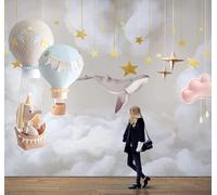 Tzxztt Dibujos Animados Cielo Estrellado Globo Aerostático Ballena Elefante Papel Pintado 3D Seda Texturizada Primera Calidad Neutros Material Ideal Para SalóN Dormitorio-300cm×210cm