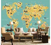 Tzxztt Dibujos Animados Creativo Mapa Del Mundo Animales Árboles Papel Pintado 3D Seda Texturizada Primera Calidad Neutros Material Ideal Para SalóN Dormitorio-350cm×256cm