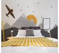 Tzxztt Dibujos Animados Dibujo A Mano Geométrico Montañas Sol Aviones Papel Pintado 3D Seda Texturizada Primera Calidad Neutros Material Ideal Para SalóN Dormitorio-200cm×140cm