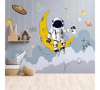 Tzxztt Dibujos Animados Espacio Luna Estrellas Astronauta Papel Pintado 3D Seda Texturizada Primera Calidad Neutros Material Ideal Para SalóN Dormitorio-350cm×256cm