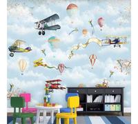 Tzxztt Dibujos Animados Globo Aerostático Cielo Avión Pájaro Moderno Papel Pintado 3D Seda Texturizada Primera Calidad Neutros Material Ideal Para SalóN Dormitorio-300cm×210cm