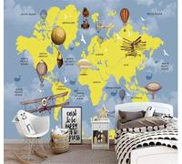 Tzxztt Dibujos Animados Mapa Del Mundo Globo Aerostático Avión Cielo Papel Pintado 3D Seda Texturizada Primera Calidad Neutros Material Ideal Para SalóN Dormitorio-250cm×170cm