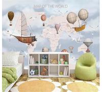 Tzxztt Dibujos Animados Mapa Del Mundo Velero Globo Aerostático Cielo Papel Pintado 3D Seda Texturizada Primera Calidad Neutros Material Ideal Para SalóN Dormitorio-300cm×210cm