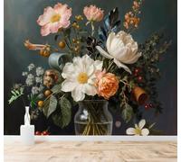 Tzxztt Elegante Jarrón De Cristal Ramo De Flores Peonías Rosas Hojas Verdes Papel Pintado 3D Seda Texturizada Primera Calidad Neutros Material Ideal Para SalóN Dormitorio-150cm×105cm