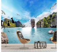 Tzxztt Estético Cielo Azul Mar Colinas Paisaje Marino Aves En Vuelo Papel Pintado 3D Seda Texturizada Primera Calidad Neutros Material Ideal Para SalóN Dormitorio-350cm×256cm