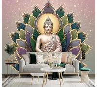 Tzxztt Figura En Meditación Estatua De Buda Lotos De Colores Vivos Aureola Dorada Papel Pintado 3D Seda Texturizada Primera Calidad Neutros Material Ideal Para SalóN Dormitorio-250cm×170cm