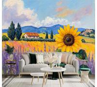 Tzxztt Girasoles Campos De Lavanda Casitas Rurales Paisajes De Montaña Papel Pintado 3D Seda Texturizada Primera Calidad Neutros Material Ideal Para SalóN Dormitorio-350cm×256cm