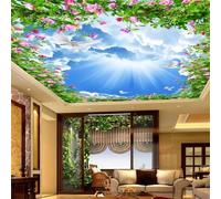 Tzxztt Hermoso Cielo Azul Nubes Blancas Hojas Verdes Flores Papel Pintado 3D Seda Texturizada Primera Calidad Neutros Material Ideal Para SalóN Dormitorio-150cm×105cm