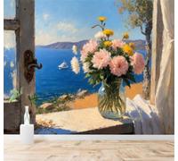 Tzxztt Hermoso Vista Al Mar Jarrón De Cristal Arreglo Floral Yate Fuera De La Ventana Papel Pintado 3D Seda Texturizada Primera Calidad Neutros Material Ideal Para SalóN Dormitorio-350cm×256cm
