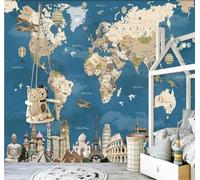 Tzxztt Mapa Del Mundo Retro Globo Aerostático Avión Arquitectura Papel Pintado 3D Seda Texturizada Primera Calidad Neutros Material Ideal Para SalóN Dormitorio-300cm×210cm