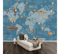 Tzxztt Mapa Mundial Retro Azul De Dibujos Animados Globo Aerostático Avión Papel Pintado 3D Seda Texturizada Primera Calidad Neutros Material Ideal Para SalóN Dormitorio-300cm×210cm