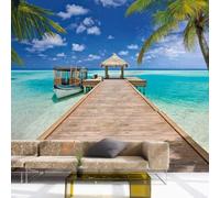 Tzxztt Mar Playa Cocoteros Puente De Madera Paisaje Papel Pintado 3D Seda Texturizada Primera Calidad Neutros Material Ideal Para SalóN Dormitorio-250cm×170cm