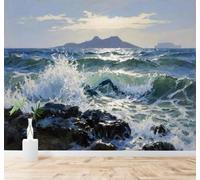 Tzxztt Olas Rompiendo Contra Las Rocas Isla Cielo Azul Costa Paisaje Papel Pintado 3D Seda Texturizada Primera Calidad Neutros Material Ideal Para SalóN Dormitorio-400cm×280cm
