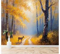 Tzxztt Otoño Bosque Cervatillo Sendero Entre La Niebla Árboles Dorados Papel Pintado 3D Seda Texturizada Primera Calidad Neutros Material Ideal Para SalóN Dormitorio-400cm×280cm