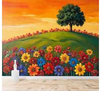 Tzxztt Pintura A Mano Campos De Flores Multicolores Montañas Verdes Árboles Puesta De Sol Papel Pintado 3D Seda Texturizada Primera Calidad Neutros Material Ideal Para SalóN Dormitorio-200cm×140cm