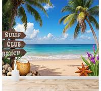 Tzxztt Playa Tropical Palmeras Olas Conchas Vista Al Mar Papel Pintado 3D Seda Texturizada Primera Calidad Neutros Material Ideal Para SalóN Dormitorio-430cm×300cm