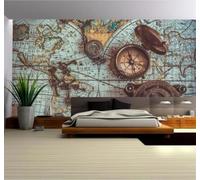 Tzxztt Retro Nostálgico Mapa Del Mundo Brújula Arte Papel Pintado 3D Seda Texturizada Primera Calidad Neutros Material Ideal Para SalóN Dormitorio-200cm×140cm