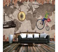 Tzxztt Retro Nostálgico Pared De Ladrillos Gira Mundial Mapa Graffiti Papel Pintado 3D Seda Texturizada Primera Calidad Neutros Material Ideal Para SalóN Dormitorio-300cm×210cm