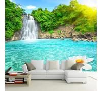 Tzxztt Selva Cascada Rocas Lago Loto Moderno Papel Pintado 3D Seda Texturizada Primera Calidad Neutros Material Ideal Para SalóN Dormitorio-350cm×256cm