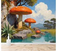 Tzxztt Setas Rojas Rocas Árboles Verdes Montañas Paisaje Papel Pintado 3D Seda Texturizada Primera Calidad Neutros Material Ideal Para SalóN Dormitorio-350cm×256cm