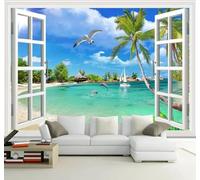 Tzxztt Tridimensional Ventana Mar Playa Paisaje Papel Pintado 3D Seda Texturizada Primera Calidad Neutros Material Ideal Para SalóN Dormitorio-300cm×210cm