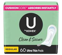 U by Kotex - Almohadillas ultra finas, limpias y seguras, absorción regular, 60 unidades (embalaje puede variar)