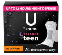 U by Kotex Almohadillas ultra delgadas para la noche con alas, tamaño de equilibrio para adolescentes, 24 unidades (el embalaje puede variar)