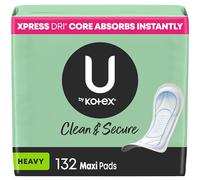U by Kotex Clean & Secure Maxi Pads, gran absorción, 132 unidades (3 paquetes de 44) (el embalaje puede variar)