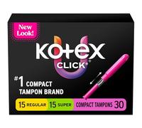 U by Kotex Click, paquete múltiple de tampones, compactos, regular/súper absorbencia, sin perfume, 180 unidades (6 paquetes de 30) (el embalaje puede variar)