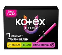 U by Kotex Click - Tampones compactos multipaquete, regular/superabsorbencia, sin perfume, 45 unidades