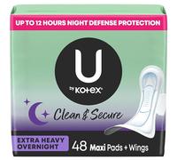 U by Kotex Security Maxi almohadillas femeninas con alas, absorción extra pesada durante la noche, sin perfume, 48 unidades (2 paquetes de 24) (el embalaje puede variar)
