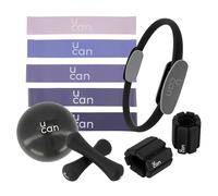 U can Kit de pilates para el hogar con aro, bola de 25 cm, mancuernas de 1 kg, leggings de 0,5 kg y bandas de resistencia, 5 niveles, negro y morado