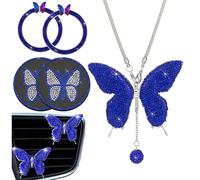 U&M Paquete de 7 accesorios de mariposa brillante para el interior del automóvil, para mujer, con cristales para espejo retrovisor y anillo, emblema, posavasos, mariposas, ambientadores de ventilación