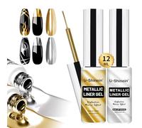 U-Shinein 2x12ml Metallic Gold & Silver Mirror Chrome Gel Liners Nail Art | Mirror Chrome Finish, Fine Line Painting Drawing Gel, Build-in Thin Brush, UV Curable Nail Art Paint, Gold & Silver Set