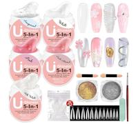 U-Shinein Juego de 5 uñas de gel de construcción sólida, 5 en 1 Non-sticky 3D Sculpting Nail Gel con polvo de uñas cromado dorado y plateado, extensiones de uñas postizas para modelado de uñas