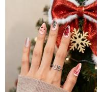 U-Shinein Mediano Almond Press On Nails, uñas para pegar con arco rojo y flor de perla, puntas de uñas de gelatina de Navidad, puntas acrílicas para uñas de gel de gelatina