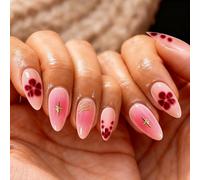 U-Shinein Mediano Almond Press On Nails, Uñas para pegar con diseño de pétalos de color magenta rojo burdeos degradado, uñas acrílicas para arte de uñas de gel de gelatina