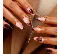 U-Shinein Mediano Almond Press On Nails, Uñas para pegar con leopardo French Brown Petals 3D Sculpted Pattern Design,acrílico Nail Tips for Jelly Gel Nail Art