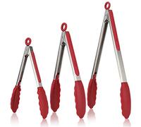 U-Taste 17/22/30 cm Pinzas Cocina Silicona, con Puntas de Silicona de Alta Resistencia al Calor de 250℃, Mango de Acero Inoxidable 18/8, Para Ensalada, Barbacoa, Freír, Juego de 3 (Rojo)