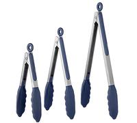 U-Taste 17/22/30 cm Pinzas Cocina Silicona, con Puntas de Silicona de Alta Resistencia al Calor de 315 ℃, Mango de Acero Inoxidable 18/8, para Ensalada, Barbacoa, Freír, Juego de 3 (Azul medianoche)