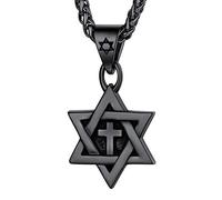 U7 - Collar de estrella de David para hombres y mujeres, colgante hexagonal de acero inoxidable con cruz, piedra rubí, collares clásicos judíos de Isael, longitud de 22 pulgadas, 24 pulgadas, 26