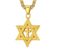 U7 - Collar de estrella de David para hombres y mujeres, colgante hexagonal de acero inoxidable con cruz, piedra rubí, collares clásicos judíos de Isael, longitud de 22 pulgadas, 24 pulgadas, 26