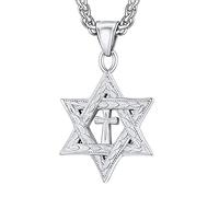 U7 - Collar de estrella de David para hombres y mujeres, colgante hexagonal de acero inoxidable con cruz, piedra rubí, collares clásicos judíos de Isael, longitud de 22 pulgadas, 24 pulgadas, 26